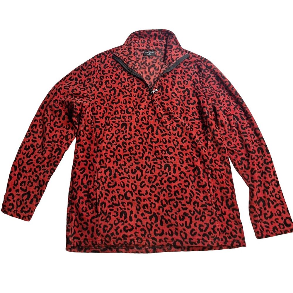 Realeessentials Womens Red & Black Leopard Print 1/4 Zip Fleece Pullover Size M